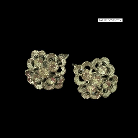VTG 1969 Sarah Coventry “Demi-Flower” Silver Tone Rhinestone Clip On Earrings - Picture 7 of 9
